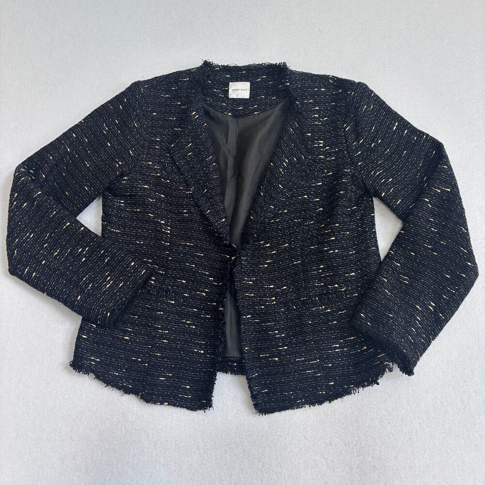 Anine Bing Tweed Blazer Jacket Women's L Navy Black Career Boss Party Raw Edge